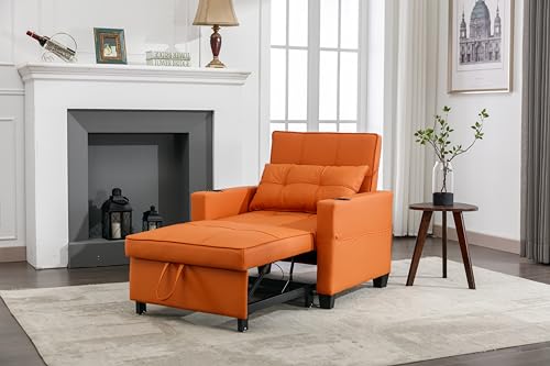 LENA LACED Convertable Futon Chair Bed with USB Ports and Cup Holders, 3-in-1 Design for Living Room, Orange Leather LENA LACED