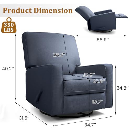 KeyEnergy Manual Rocker Recliner Chair for Adults, High Back Glider with Deep Seat, Upholstered Fabric Armchair for Living Room & Nursery (Blue Linen)