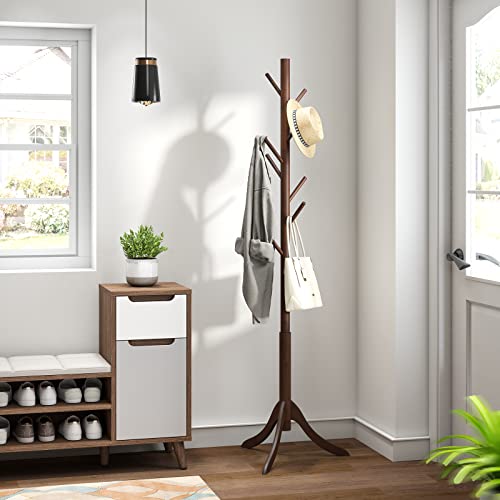 kiplant Bamboo Wood Coat Rack Stand, Freestanding Coat Tree with 8 Hooks, Hallway Entryway Hat Hanger Organizer Standing for Bedroom, Office, Clothes, Jackets, Bags, Umbrallas kiplant
