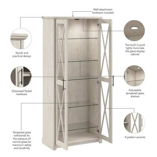Bush Furniture Lennox Farmhouse Curio Cabinet with Glass Doors and Shelves in Linen White Oak | Tall 5 Shelf Display Case for Living Room or Home Office Bush Home