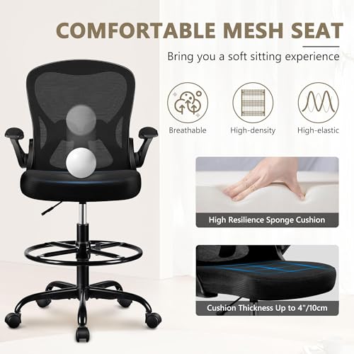 Winrise Drafting Chair, Tall Office Chair Ergonomic Standing Desk Chair, Lumbar Support Computer Chair Swivel Task Rolling Chair with Adjustable Flip-up Armrests & Foot Ring (Black) Winrise