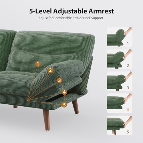 PERLECARE Convertible Futon Sofa Bed, 73" Corduroy Futon Couch with Adjustable Backrest and Armrests, 3-in-1Recliner Sleeper Sofa for Small Spaces, Play Room,Living Room or Office(Green,73 in) PERLECARE