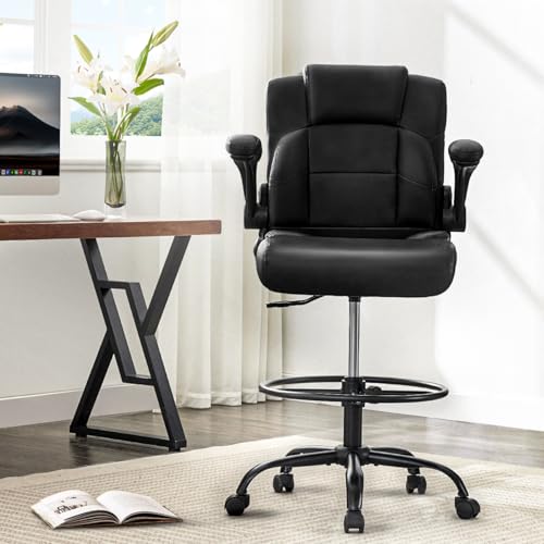 500 lbs Drafting Chair Tall Office Chair with Flip-up Armrests for Standing Desk Executive Ergonomic Computer Leather Desk Chair with Lumbar Support, Adjustable Foot Ring for Home or Drawing Use BOSMILLER
