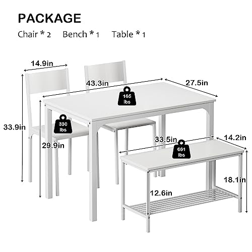 soges 4 Person Dining Table Set,43.3 inch Kitchen Table Set for 4,2 Chairs with Backrest,2-Person Bench with Storage, White Rack,Nesting Furniture Set for Dining Room and Restaurant, White soges