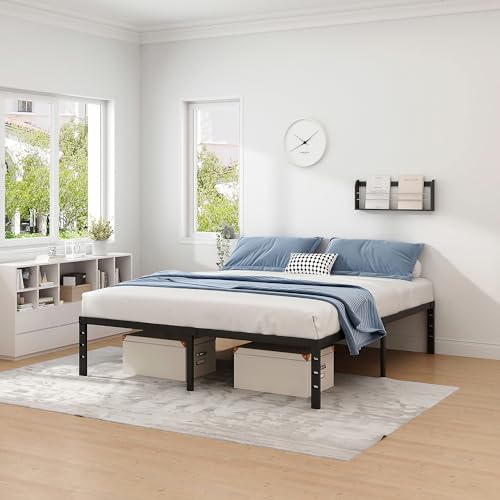 NEW JETO Metal Bed Frame,Queen Size Bed Frame with Storage Space,Heavy Duty Sturdy Mattress Foundation,Easy Assembly,No Box Spring Needed, Black,16 Inch,Queen NEW JETO