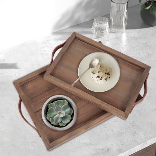 Geevon 2 Set Rustic Wooden Serving Tray with Handles, Large Wooden Ottoman Tray, Nesting Trays for Serving Food, Coffee Table, Stylish Farmhouse Decor Serving Trays, Brown Geevon