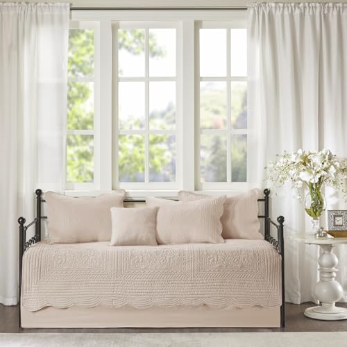 Madison Park Daybed Cover Set-Trendy Damask Quilting with Scalloped Edges All Season Luxury Bedding with Bedskirt, Matching Shams, Decorative Pillow, 75"x39", Tuscany Blush, 6 Piece Madison Park