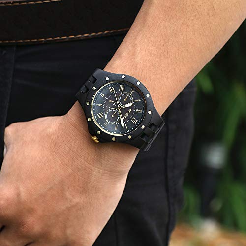 BEWELL Wood Watches for Men, Vintage Mens Wrist Watches with Calendar Luminous Hands Wooden Strap (Black Sandalwood) BEWELL