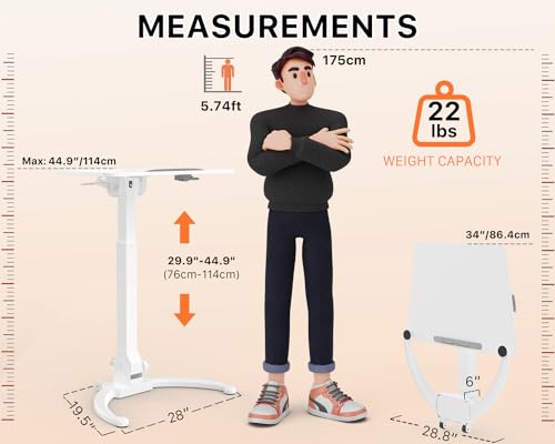 JOY worker Foldable Mobile Standing Desk, Height Adjustable Sit Stand Desk, 90° Tiltable Rolling Laptop Table, Portable Workstation with Wheels Non-Slip Mat for Home Office, Holds Up to 22lbs, White JOY worker