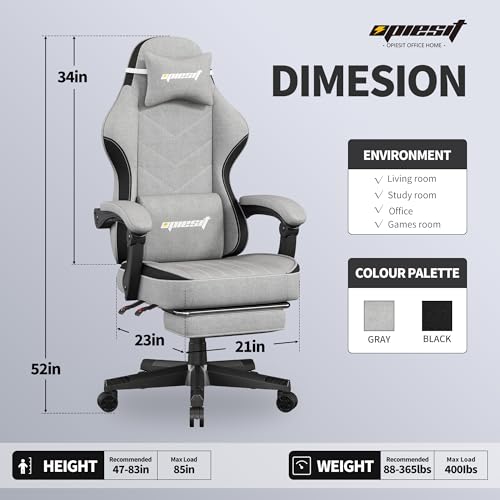 Opiesit Gaming Chair,Computer Chair with Pocket Spring Cushion,Ergonomic Office Chair with Footrest,Height Adjustable Video Gamer Chair with Lumbar Support for Adults (No Massage, Grey) Opiesit