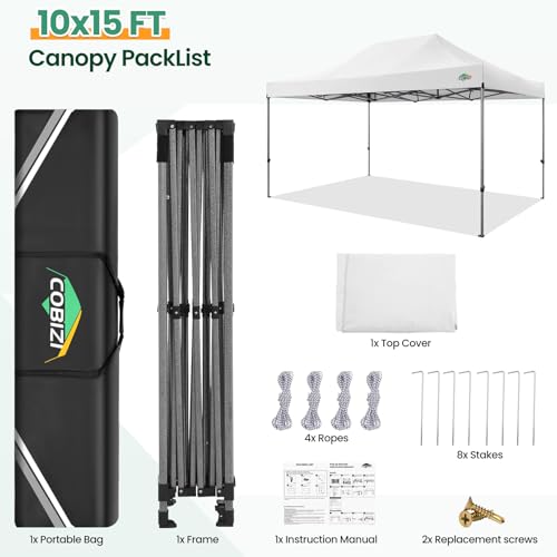 COBIZI 10x15 Heavy Duty Pop up Canopy Tent Easy Up Commercial Outdoor Canopy Wedding Party Tents for Parties All Season Wind & Waterproof Gazebo with Carry Bag, White(Frame Thickened) COBIZI