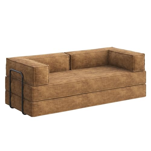 WLIVE 87'' Futon Sofa Bed, Convertible Sleeper Sofa, Folding Pull Out Couch Boneless Mattress with Fixed Frame, Corduroy, with Storage Pocket, Brown WLIVE