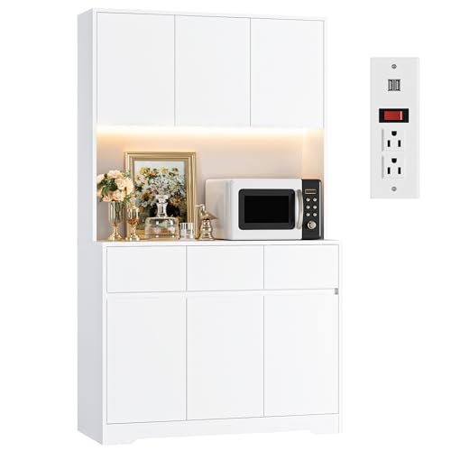 finetones 71'' Tall Kitchen Pantry Storage Cabinet with Power Outlets and Led Lights, Large Kitchen Hutch Buffet Cabinet with Microwave Stand, Pantry Cabinet Kitchen Cabinet with Buffet Cupboard finetones