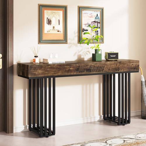 Tribesigns 55-Inch Console Table for Entryway, Industrial Hallway Table with Stylish Metal Frame, Sofa Foyer Table for Living Room, Entrance, Brown & Black. Tribesigns