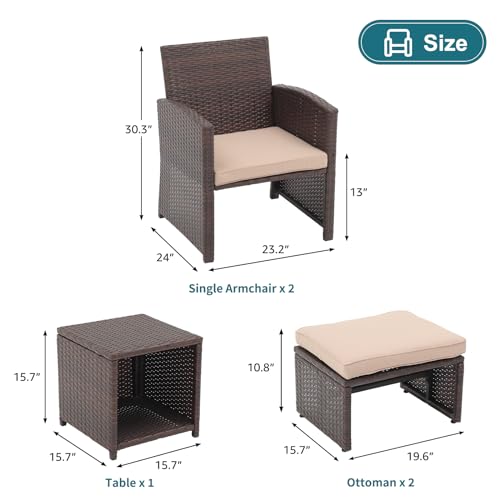 OC Orange-Casual 5 Pcs Patio Conversation Set Balcony Furniture Set with Cushions, Brown Wicker Chair with Ottoman, Storage Table for Backyard, Garden, Porch, Dark Grey OC Orange-Casual
