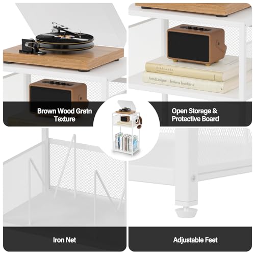 Aduanbang 3 Tier End Table,Record Player Stand with Storage Up to 100 Albums,Turntable Stand for Vinyl,White Records Shelf for Living Room Bedroom Aduanbang