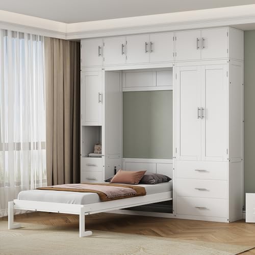 Twin Murphy Bed with Storage Wardrobes,Bookcase Shelves and Drawers,Wood Folding White Murphy Wall Bed Cabinets MERITLINE