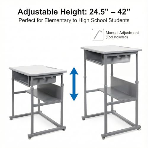 Luxor Student-M Student Desk - Manual Adjustable Desk, Ample Storage with Open Book Box and Shelf, 27.5"W x 19.5"D x 24.5" to 42"H Luxor