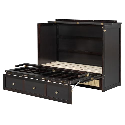 Merax Farmhouse Wood Murphy Bed Chest, Foldable Wall Platform Bed with Storage Drawer/Space Saving/Wood Slat Support/Full, Espresso +Natural