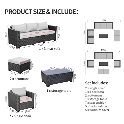 Patio Wicker Furniture Set 6 Pieces Outdoor PE Rattan Conversation Couch Sectional Chair Sofa Set with Grey Cushion Rattaner