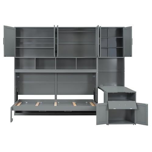 Harper & Bright Designs Twin Size Murphy Bed, Wooden Twin Wall Bed Frame with Closet, Drawers & Desk, Gray Harper & Bright Designs