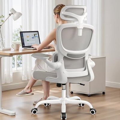 BESTFAIR High Back Ergonomic Office Chair, Breathable Mesh Desk Chair with Lumbar Support, Adjustable Headrest, Flip-up Armrests, Computer Gaming Chair, (LightGray, 1Pack)
