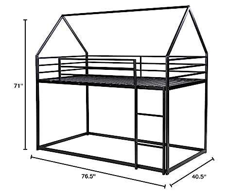 Merax Modern Twin Over Twin Junior Metal Floor Bunk Bed with Ladder House Shaped Bunk Bed Frame for Kids Boys Girls, Space-Saving, Black Merax