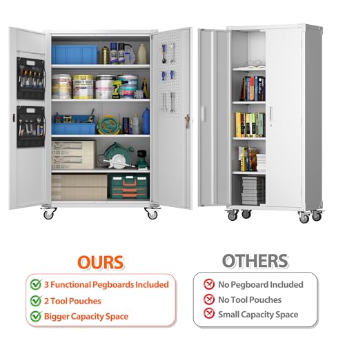 Aobabo Extra Large Garage Storage Cabinet on Wheels, Metal Storage Cabinets with 4 Adjustable Shelves, 3 Pegboards and 2 Tool Pouches for Home Office Stash, Assembly Required Aobabo