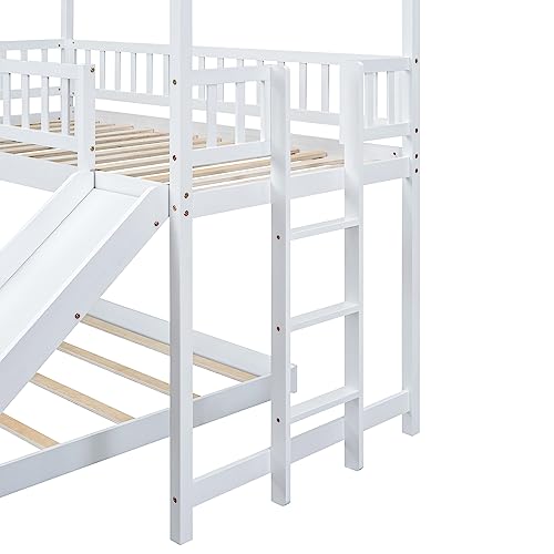 SOFTSEA House Bunk Bed with Slide, Twin Over Full Wooden Bunk Bed Frame with Full-Length Guardrail and Built-in Ladder, for Bedroom, No Box Spring Needed, White SOFTSEA