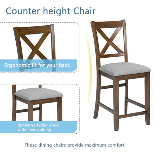 KEIKI 5-Piece Counter Height Dining Table Set with Square Table and 4 Upholstered X-Shaped Backrset Chair, for 4 Person, Modern Style Wooden Table Set, Easy Assembly, for Kitchen, Dining Room, Walnut KEIKI