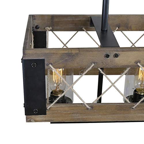 LALUZ Farmhouse Chandelier, 5-Light Kitchen Island Lighting with Clear Glass, Wood and Black Finish, 32 Inches LALUZ