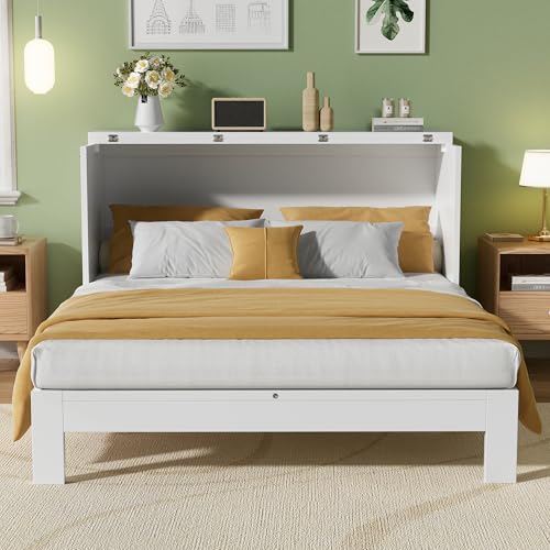 PVWIIK Full Murphy Bed with Storage Drawer & Charging Station for Home Office, Studio or Guest Room,Full Size Bed Frame Murphy Bed with USB Port,Space Saving Design, White PVWIIK