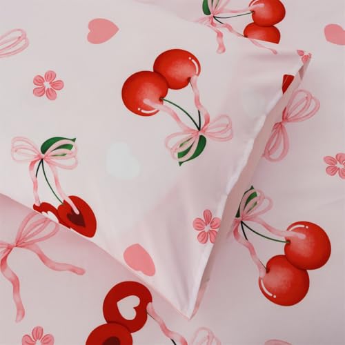 Aimuan Pink Cherries Comforter Set Cartoon Love Hearts Flowers and Grass Bedding Set for Girls Boys Kids Lightweight Soft 6 Piece with 2 Pillow Covers (Pink Red, Twin 6Pcs) Aimuan