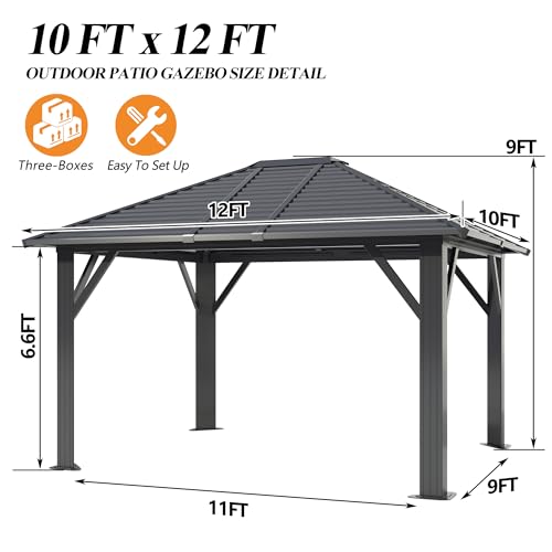 GARTOO 10' x 12' Patio Hardtop Gazebo - Outdoor Metal Hard Top with Breathable Mesh, Galvanized Steel Top Gazebo for Garden, Lawn, Outdoor Party (Black) GARTOO