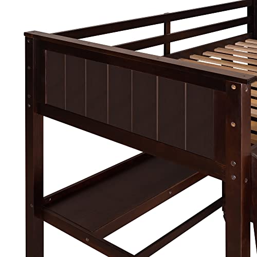 Twin Size Loft Bed with Desk and Drawers, Solid Wood Loft Bed with Storage Shelves for Kids Teens Adults - Espresso Bellemave