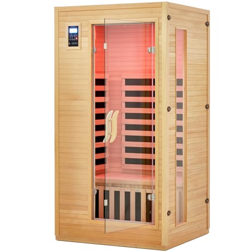Garvee 2024 Upgrade 1 to 2 Person Sauna, 6 Heating Plate Infrared Physical Therapy Wooden Dry Steam Sauna, Low EMF, MP3 Auxiliary Connection, Dual Controls Inside and Outside Fits, Home Spa Day Use Garvee