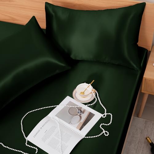 NSGZ 2 Pcs Satin Fitted Sheet and Pillowcase Set, Twin Silky Bottom Bedsheet Fit up to 15 Inch Deep Pocket Mattress, Dark Green Soft Satin Bedding Includes 1 Fitted Sheet and 1 Pillowcases NSGZ