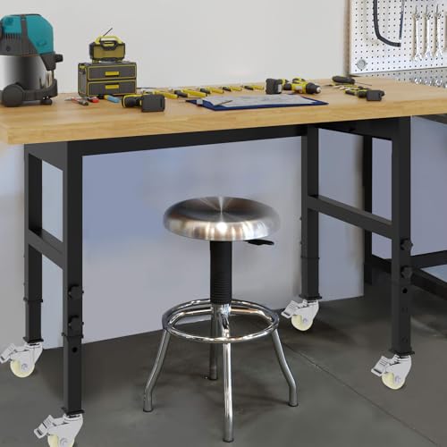 60'' Adjustable Workbench, Solid Wood Work Bench Table with Wheels and Power Outlet, Rolling Workbench Large Load Capacity Garage Workbench for Workshop,Office,Home climblocka