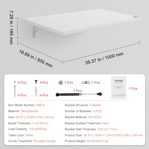 VEVOR Wall Mounted Folding Table, 39.37" x 19.69" Wall Mount Drop Leaf Table, Floating Desk with Iron Bracket, Fold Down Desk for Small Spaces, Home Office, Dining, Laundry Room, Kitchen, Bar, White VEVOR