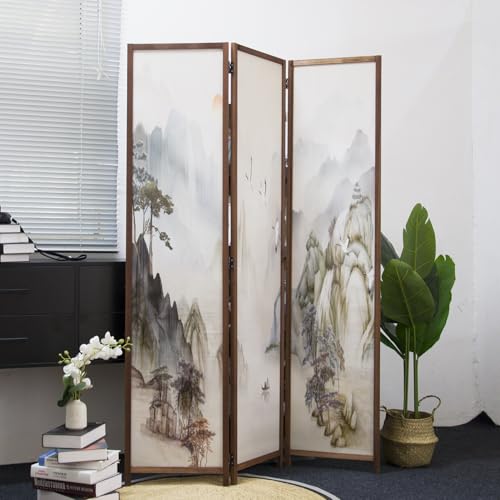Furnnylane 3 Panel Room Divider Screen,Double Faced Room Divider Folding Wall Divider for Room Separation,Mountains and Waters Landscape,67" H x 47.2" W Furnnylane