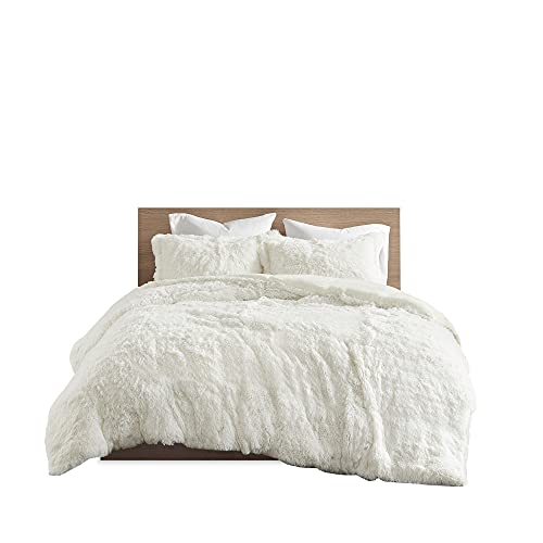 Intelligent Design Malea Shaggy Duvet with Quilted Box Design, Long Faux Fur Comforter Cover Cozy Bedding Set, Matching Shams, (Insert Not Included) Full/Queen, Ivory 3 Piece, 90x90 Intelligent Design