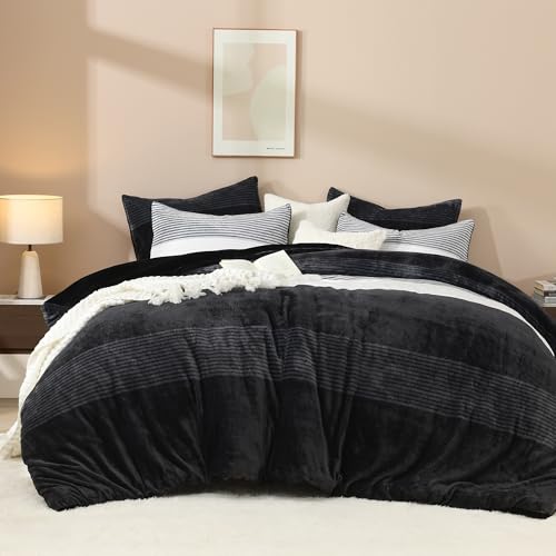 Litanika Fluffy Fleece Queen Comforter Set, Luxury Soft Plush Fuzzy Black & White Stripe Bedding Comforter Sets, Warm Shaggy Faux Fur Bed Set All Season (1 Comforter, 2 Pillowcases) Litanika