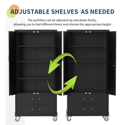 GarveeHome 72 in Metal Storage Cabinet with Wheels, Locking Doors & 2 Drawers,Heavy Duty Rolling Garage Organizer with 3 Adjustable Shelves for Home/Office/Workshop/Warehouse GarveeHome