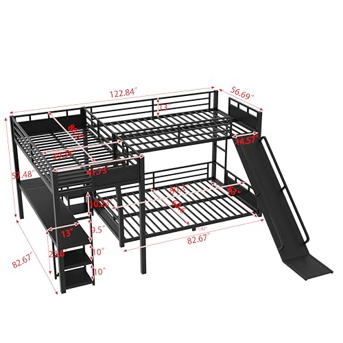 MERITLINE Full Over Full(XL) L-Shaped Metal Bunk Bed with Desk and Slide, Heavy Duty Triple Bunk Bed with Storage Shelves, L-Shaped Bunk Bed for Teens Adults, Space Saving and Quiet Design, Black MERITLINE