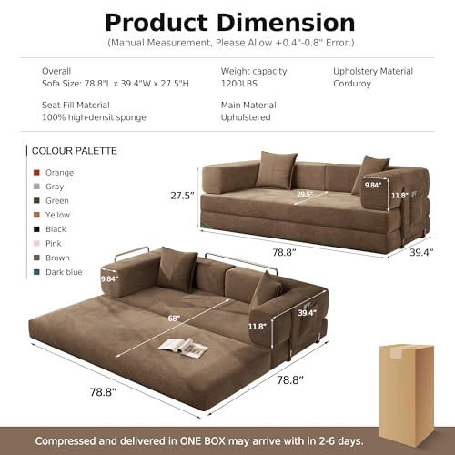 MoonSpeak 78.8''Sleeper Couch Bed for Livingroom,Convertible Modular Sofa with Armrest Pillow,Modular Foldable Corduroy Couches in a Box,No Assembly (Brown) MoonSpeak