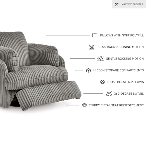 Signature Design by Ashley Tie-Breaker Casual Manual Press-Back Swivel Glider Rocker Recliner with 2 Bolster Pillows and Hidden Storage, Light Gray Signature Design by Ashley