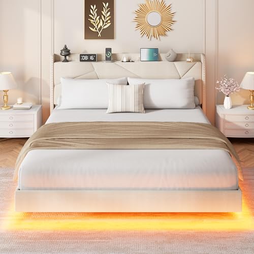GarveeHome King Floating Bed Frame with LED Lights & Charging Station, Upholstered Platform Beds with Storage Headboard & Folding Shelves Storage, Metal Slats Support, No Box Spring Needed, Beige GarveeHome