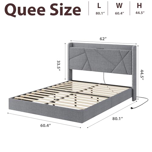 GarveeHome Queen Floating Bed Frame with LED Lights & Charging Station, Upholstered Platform Beds with Storage Headboard & Folding Shelves Storage, Metal Slats Support, No Box Spring Needed, Grey GarveeHome