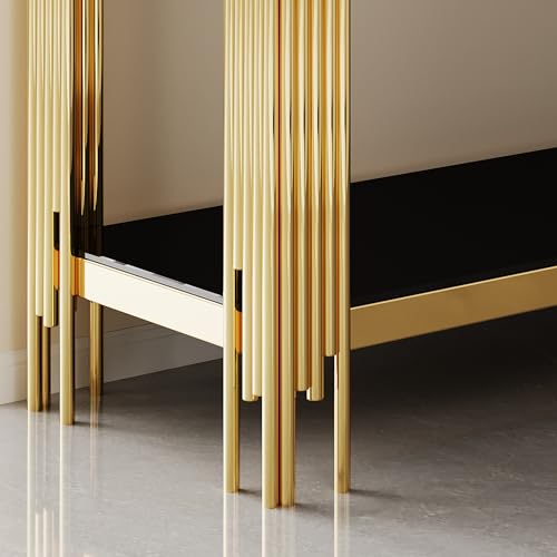 Maotifeys Modern 2-Tier Glass Console Table Luxury Black Tempered Glass Top Sofa Table with Shiny Gold Legs 55" Slim Entryway Hall Tables with Storage Shelf for Living Room Bedroom Maotifeys