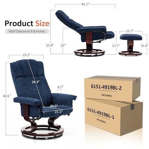 MCombo Manual Swivel Recliner with Ottoman, Chair Ottoman Set for RV Small Spaces, Living Room, Bedroom, Office 4919 (Chenille, Blue)